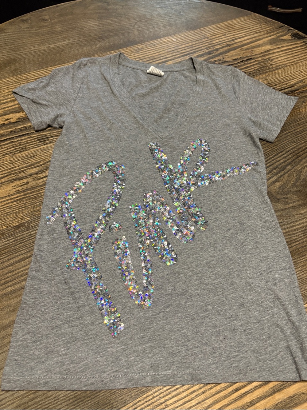 Victoria's Secret Gray Tee with Holographic Sequin 'Pink' Script